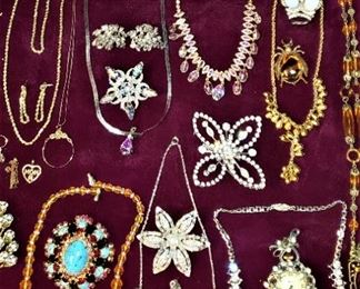 Vintage Crystal & Rhinestone Jewelry, 14 k chains, charms