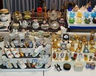 Boyd Glass Co Covered Salts (Animals on a nest/basket) trinket boxes, collector shoes, small clock collection, perfume bottles, small animals