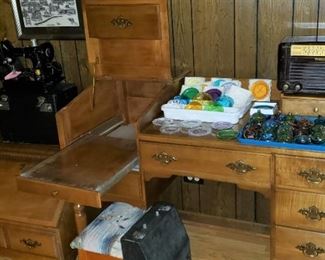 Mid Century Desk with tray that slides out for typewriter, Mid Century Side Table, Wheaton Glass, Pairpoint plates, Vintage portable Singer machine, clocks