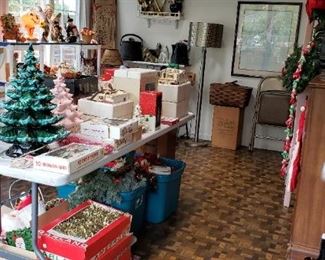 Green and pink Ceramic trees, Vintage Garlands, Ornaments, Village houses, Enamelware Large Coffee Pot, Vintage Shoeshine kit, Vintage Halloween