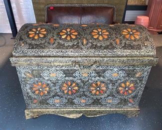 Eastern hammered metal and coral stone inlaid trunk, early 19t century - Price $3,500