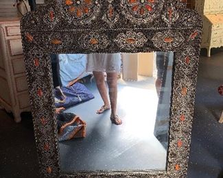 Eastern mirror hammered metal and coral stone inlaid - 60"x38"w - Price $1,500
