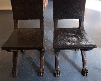 Pair of leather Flemish hall chairs (circa 1890) 18"x19"x32" - Price for pair $500.00