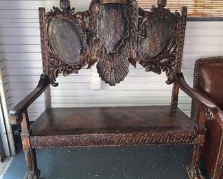 Oak. carved Eagle bench with leather seat and inlaid back panels (circa 1840) 53"x19"x63" - Price $3,800.00