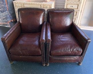 Three piece set - Edwardian leather "salon set" (small soda and 2 chairs)with bronze nailhead trim, circa 1910 - Price for set $2,400
