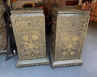 Pair of commodes, carved and inlaid with stone, 17th century.  The synagogue vestments with canted frieze elaborately decorated with rosettes and geometrics - Price for pair $