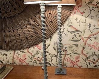 Pair of antique stair bannister spindles wired and mounted as lamps - Pair $395