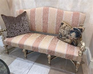 Italian painted settee with down scrolled arms and square tapering legs with gilt accents (circa 1890) 72"x27"x47" - Price for pair $9,500.00