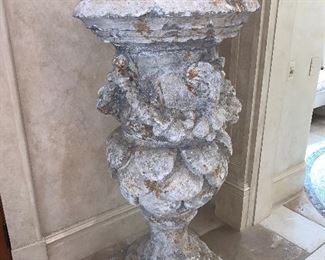 Pair of French Limestone urns with carved swags and rams heads (circa 1900) 30"w x 64"h - Price $9,500.00