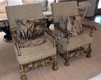 Pair of Italian gilded open armchair with moulded scroll arms on baluster supports, carved stretcher (circa 1850) 27"x18"x46" - Price for pair $6,400.00