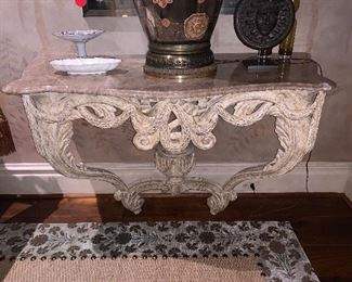 Console table "Ribbon gueridon" by Dennis & Leon, distressed pickle wood finish.  "Napoleon Mouchete" marble top. 35"x53"x25"d - Price $3,400