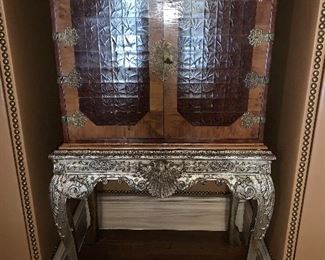 English yewood drinks cabinet on carved silver gilt stand, doors are "oyster" inlaid (circa 1880) 36"x20"x58"h - Price $6,500.00