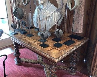 Italian walnut centre library table with intricate inlaid top, turned legs (circa 1860) 53"x36"x30" - Price $6,500.00.  African currency set $3,500