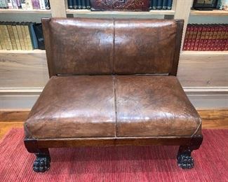 Pair of 19th century leather and mahogany benches with claw feet and original finish - Price for pair $5,500