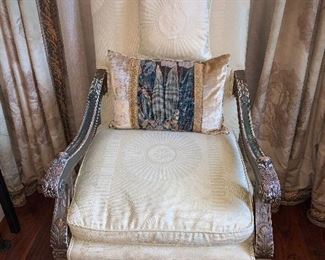 Gilt open armchair with carved arms. legs and sea trail, curvy "X" stretchers (circa 1880) 27"x31"x47"h - Price $1,400.00