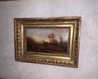 Painting, oil on board, autumnal landscape with homestead, no signature visible.  7"x10" - 19th c gilded gesso - $950