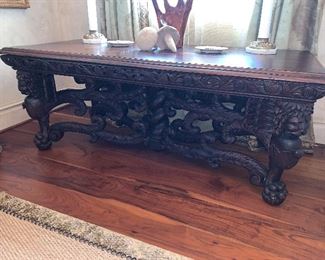 German Renaissance table with carved legs and stretchers (circa 1860) 77"x37"x30"h - Price $8,500.00