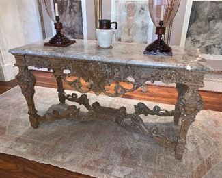 Rare 18th century hunt table expertly carved on all sides with original marble top from the Auvergine region of France - Price $7,500