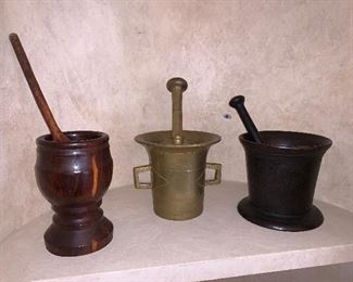 Mortar and pestle collection wooden, brass, and iron - 16 pieces - set $2,500