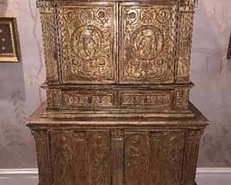 Neoclassical two-part cabinet, Tuscan, carved gilt wood, Italian, circa 1800.  72"x45"x1 7" - Price $25,000