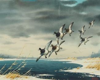 Lot 27: Les Kouba Flying Ducks Watercolor