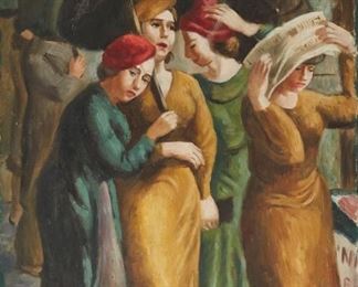 Lot 40: WPA Era Painting Women in the Rain Oil on Canvas