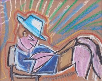 Lot 45: Dan Lebewitz Purple Man in Blue Hat Pastel on Paper