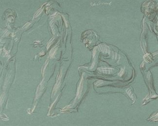 Lot 48: Paul Cadmus 4 Nudes Crayon on Green Paper
