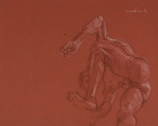 Lot 51: Paul Cadmus Male Nude in Dynamic Pose Crayon on Red