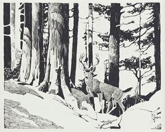Lot 106: Francis Lee Jacques Deer in Woods Scratchboard