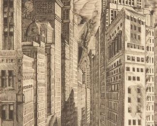 Lot 117: Deco Era Wood Engraving "Broad Street Canyon"