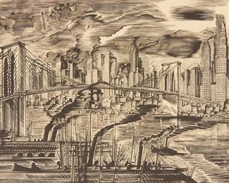 Lot 116: Deco Era Wood Engraving "Lower Manhattan" Kravchenko