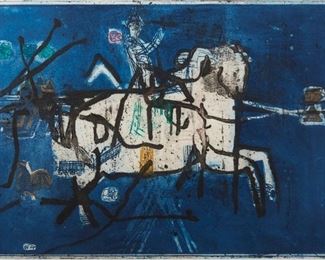 Lot 135: Malcolm Haynie Myers "The Blue Rider" Color Intaglio