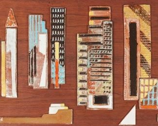 LOT 230: LARGE HARRIS STRONG STUDIO "CITYSCAPE" CERAMIC PLAQUE