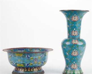 LOT 251: 20TH C. CHINESE CLOISONNE BOWL & VASE