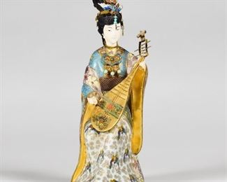 LOT 253: 20TH C. CHINESE CLOISONNE WOMAN W/ INSTRUMENT