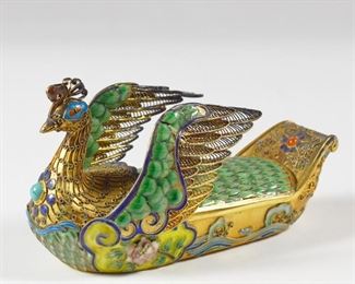 LOT 255: 20TH C. CHINESE GILT SILVER ENAMEL PEACOCK BOX