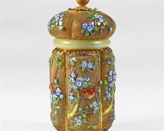 LOT 256: 20TH C. CHINESE ENAMEL SILVER & JADE TEA CADDY