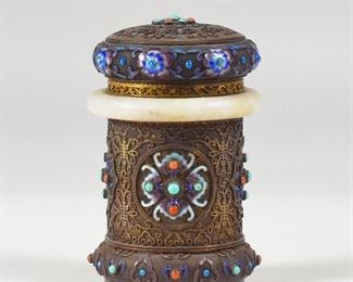 LOT 257: 20TH C. CHINESE ENAMELED SILVER & JADE TEA CADDY