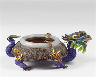 LOT 259: 20TH C. CHINESE SILVER ENAMELED SILVER & JADE DRAGON ASHTRAY