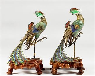 LOT 261: PAIR OF CHINESE ENAMELED SILVER PHOENIX BIRDS