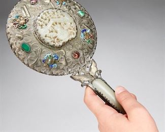 LOT 262: 20TH C. CHINESE JADE HAND MIRROR W/ APPLIED DECORATION