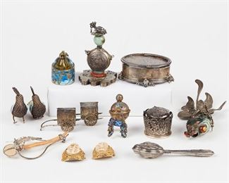 LOT 264: GRP: 20TH C. SILVER OBJECTS - MANY ENAMELED CHINESE