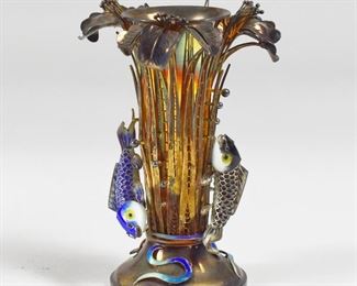 LOT 265: 20TH C. CHINESE ENAMEL GILT SILVER FISH VASE