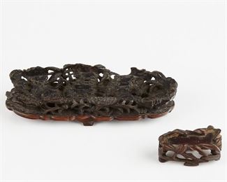 LOT 271: PAIR OF CHINESE CARVED STANDS - ONE ZITAN