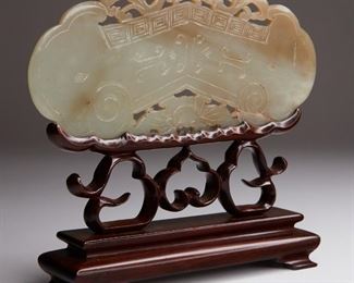 LOT 275: CHINESE LARGE CARVED JADE PLAQUE W/ STAND