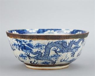 LOT 296: LRG CHINESE GUANGXU PORCELAIN DRAGON BOWL W/ CRACKLE GLAZE