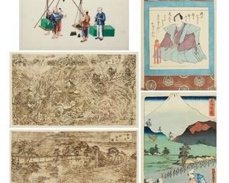 LOT 298: GRP: 4 JAPANESE WOODBLOCK PRINTS + CHINESE PITH PAPER PAINTING