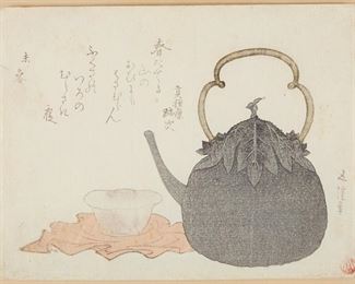 LOT 300: JAPANESE EDO PERIOD IRON TEAPOT WOODBLOCK PRINT
