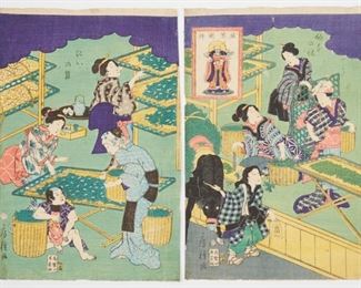 LOT 303: PAIR OF JAPANESE WOODBLOCK PRINTS SILK MAKING